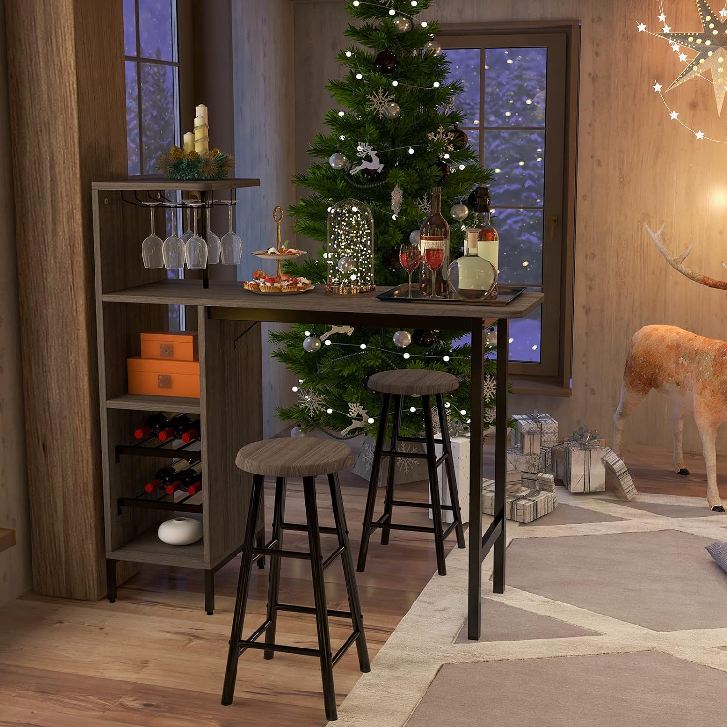 Set 3 Pezzi Tavolo e Sedie da Bar, Tavolo e Sgabelli da Pub Industriale con Porta Calici e 6 Portabottiglie da Vino, Set di Tavolo per Sala da - 2