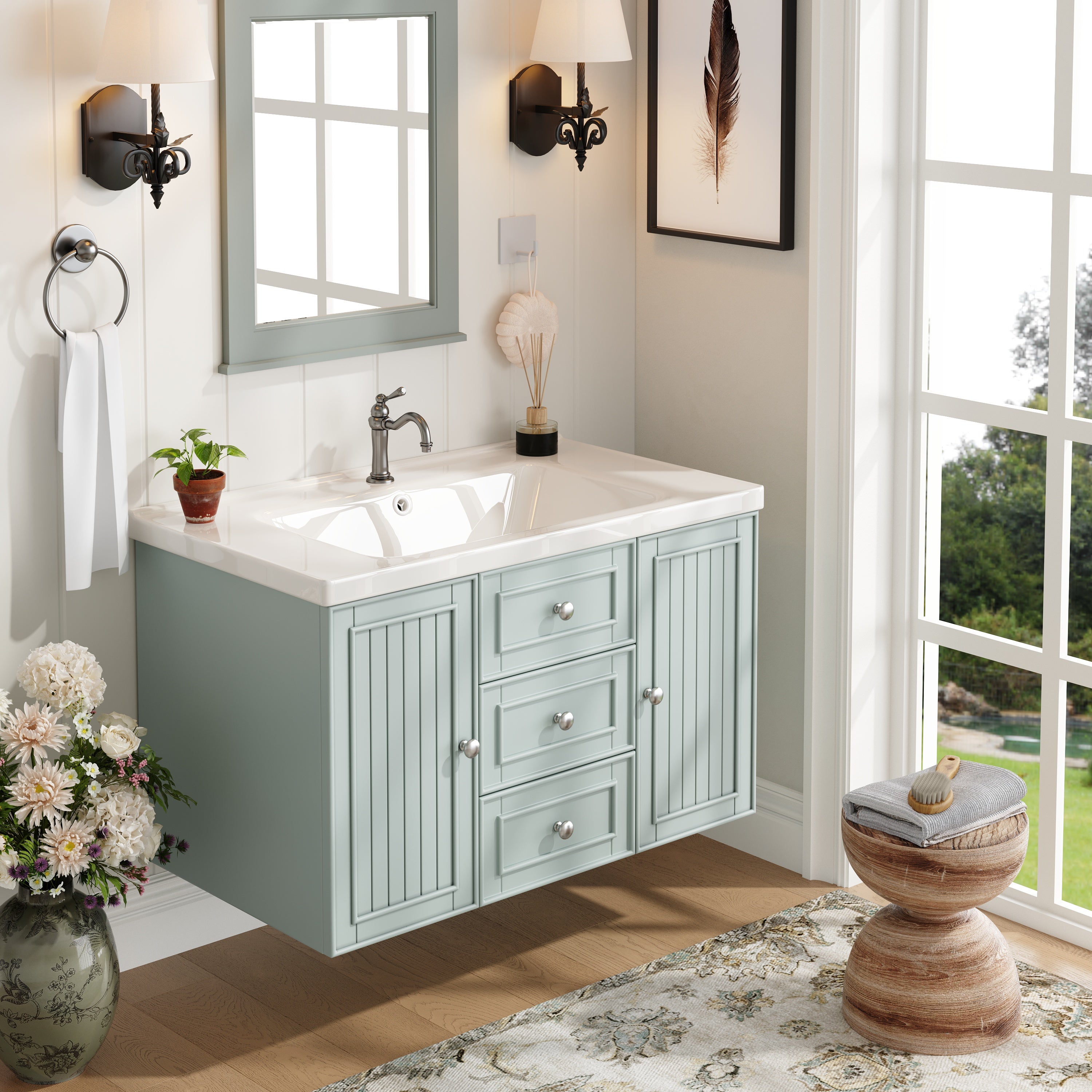 Meuble sous-vasque, meuble de salle de bain, meuble vasque avec 3 tiroirs, grand espace de rangement, meuble vasque mural, vert, 78,5 × 46 × 46,8 cm - 2
