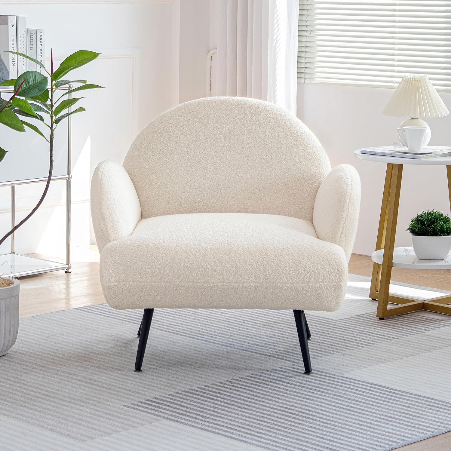 Fauteuil Moderne Décontracté avec Pieds en Métal Noir et Dossier Fauteuil Simple Confortable pour Salon/Chambre/Club, Blanc - 7