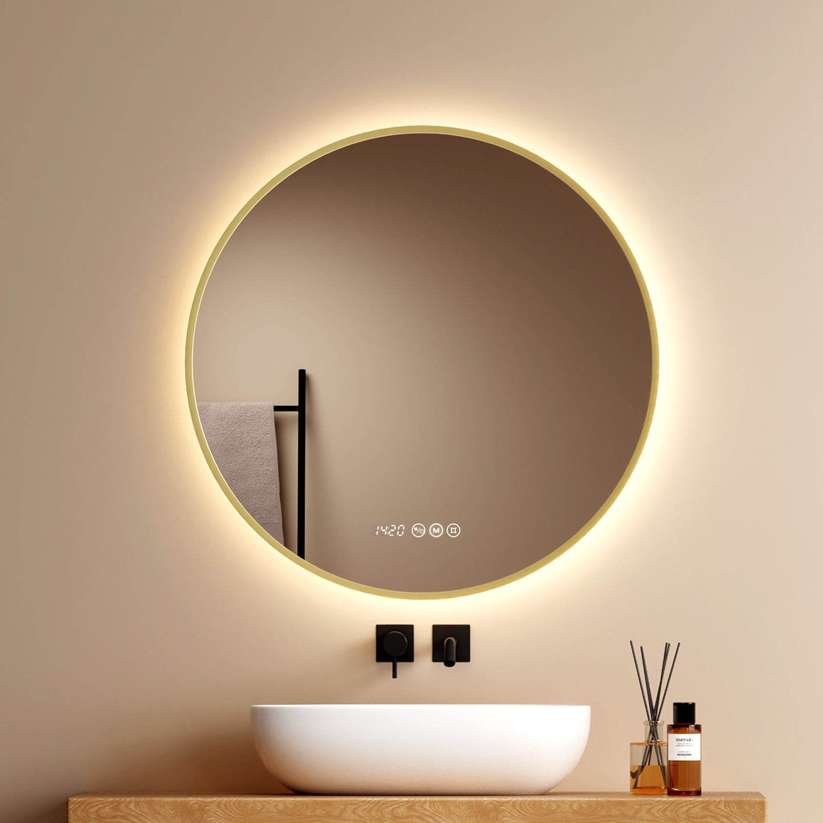 EMKE Lustro łazienkowe LED okrągłe 70 cm - Złota rama - Przeciwmgielne, 3 barwy światła, ściemniane, zegar, funkcja pamięci