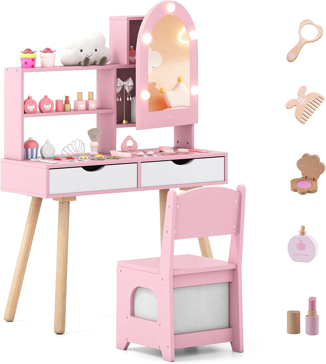 WOLTU Toeletta con Specchio LED con 2 Cassetti e 4 Ripiani, Stile Moderno, Bianco