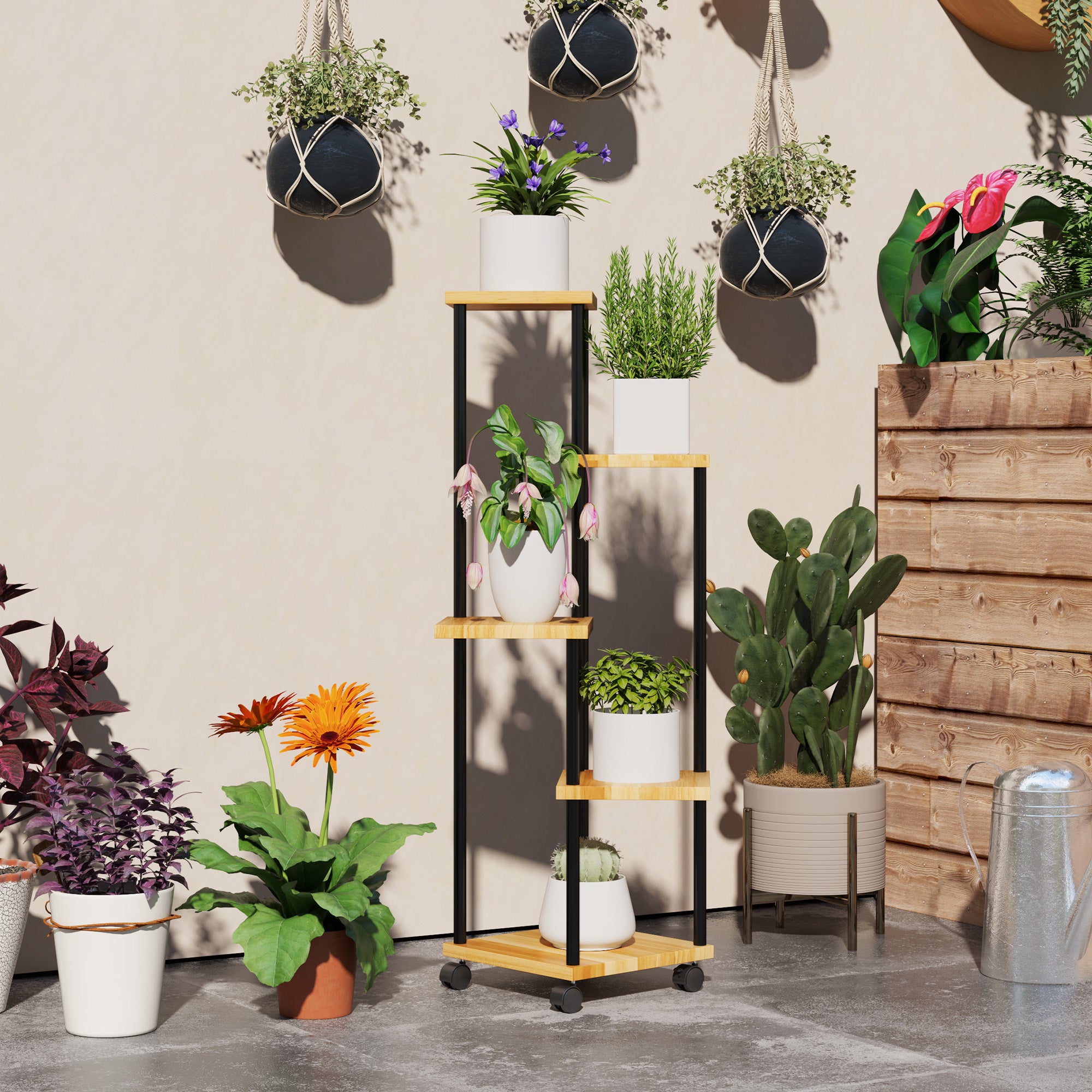 Support à plantes à 5 niveaux pour intérieur et extérieur, étagère plante avec 4 roues en acier et bois bois naturel - 3