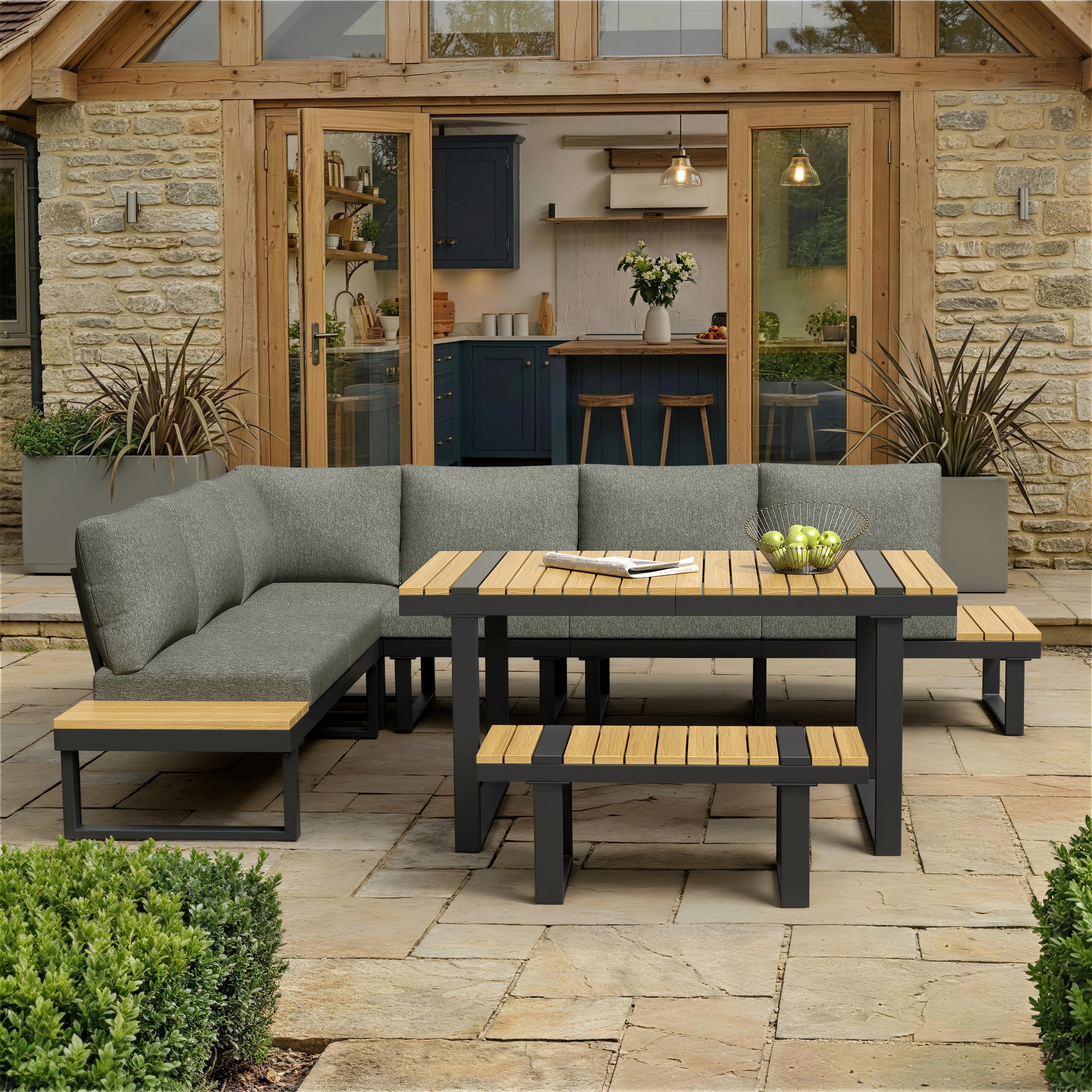 Salon de jardin d'angle 6 places en acier galvanisé : canapé d'angle + banc 2 places + table à manger + coussins polyester - Noir et Gris - 6
