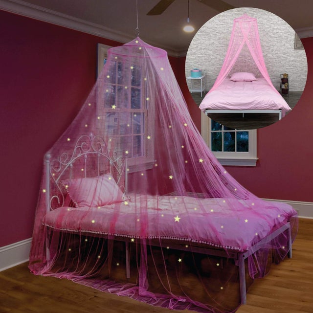 Dosel de cama rosa para niñas con estrellas brillantes: decoración de la habitación con red de princesa, carpa de techo, 60 * 250 * 900 cm