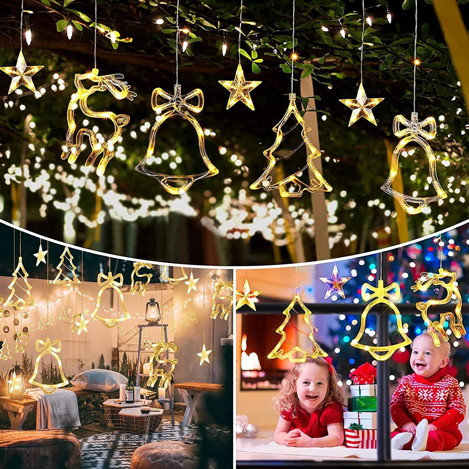 Rideau lumineux de Noël, guirlande lumineuse de Noël, renne, arbre étoilé, intérieur et extérieur, 8 modes USB, décoration de Noël - 5