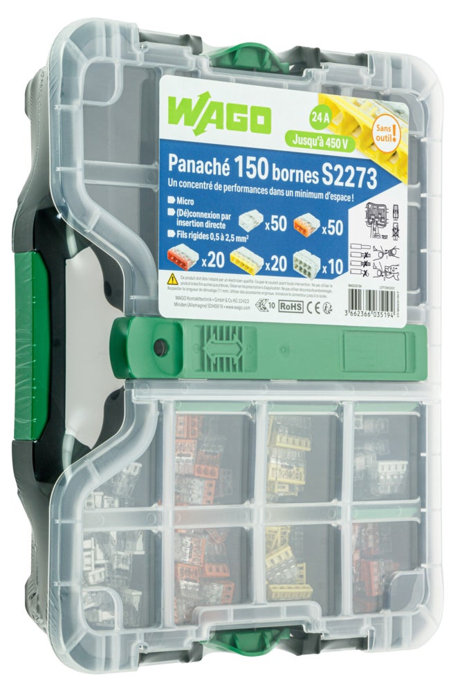 Mallette 150 bornes Wago S2273, connexion Push Wire®, fils rigides 0,5-2,5 mm², 450 V, 24 A, repérage couleur - 3