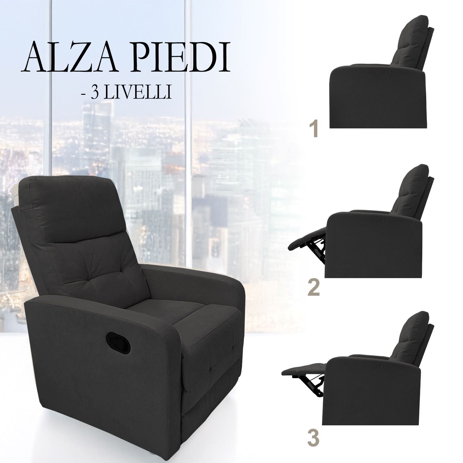 Poltrona Divanetto Relax sofa' Reclinabile con poggiapiedi in tessuto 150° con schienale Facile risalita Alzapersona per Anziani o Multiuso GRI SCURO - 2