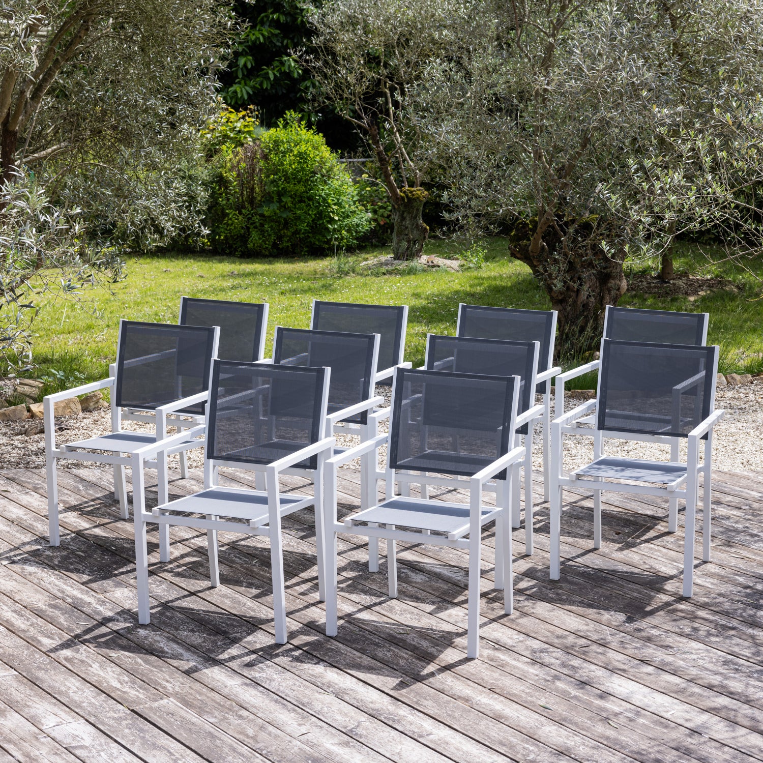 Zestaw 10 białych krzeseł aluminiowych - szary textilene