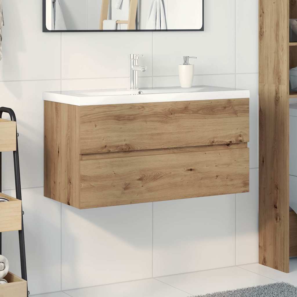 Meuble sous vasque suspendu 90 cm chêne artisanal lavabo céramique avec robinet rangement salle de bain mural – ComfortXL - 2