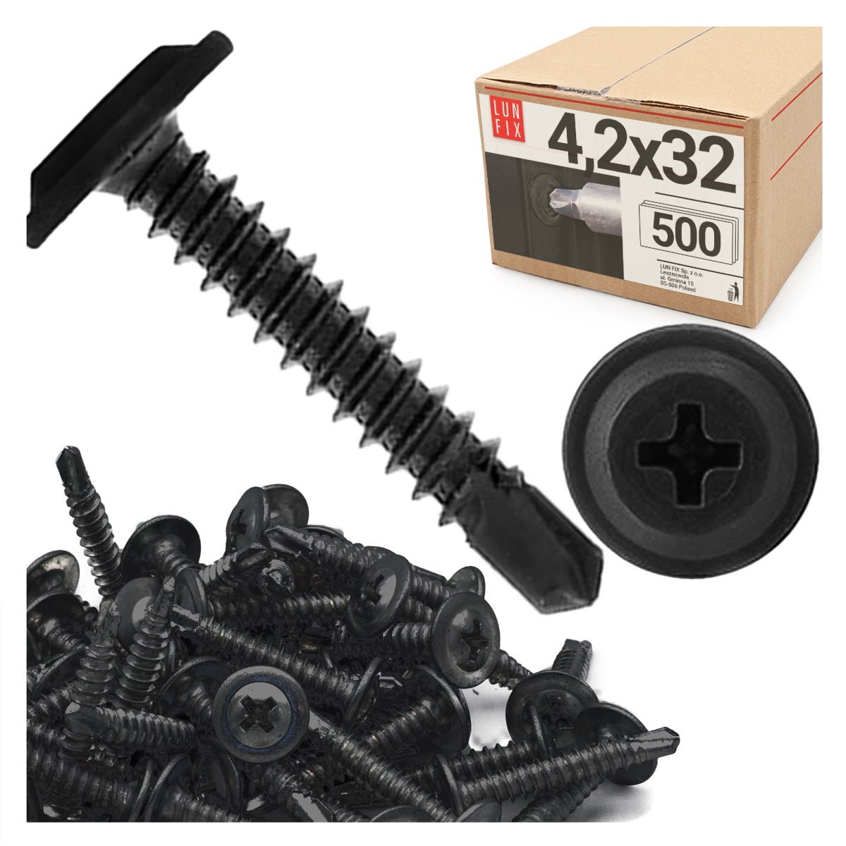 Wkręty do metalu samowiercące fosfatowane z łbem podkładkowym 4,2x32mm 500szt.