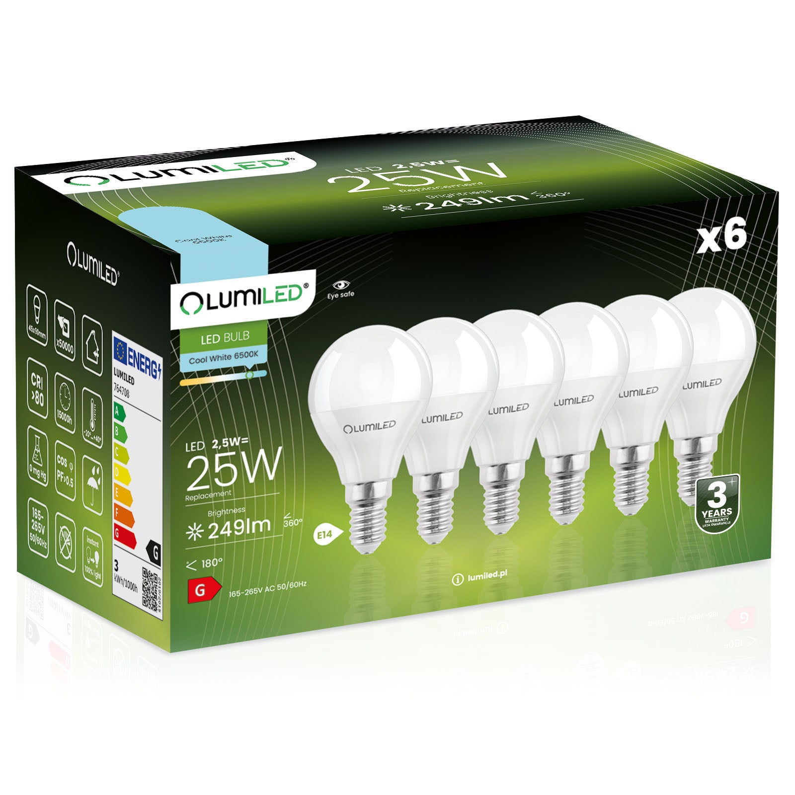 6x Żarówka Lumiled LED E14 Kulka P45 2,5W = 25W 249lm 6500K Zimna 180st