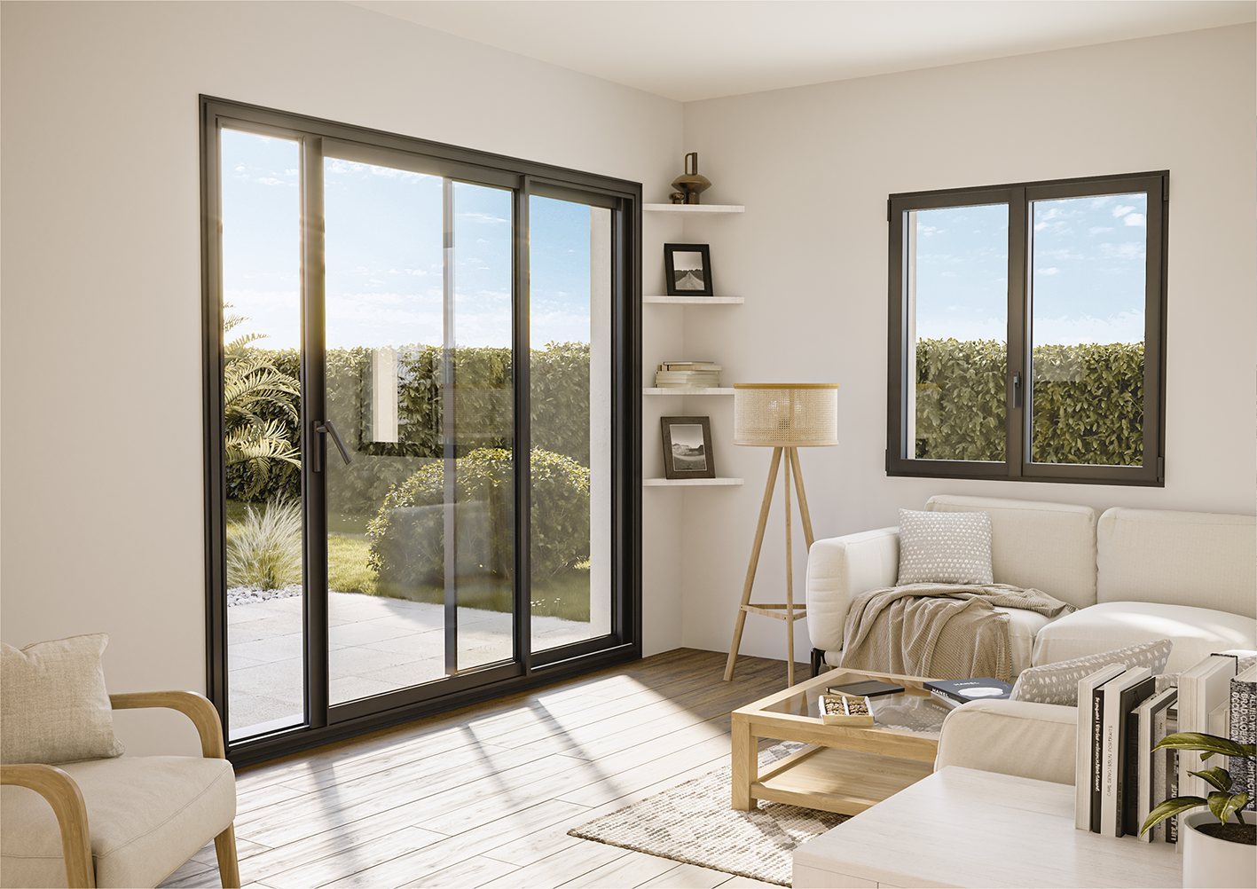 Baie coulissante Alu essentiel 3 vantaux 2 rails - 290x170 cm - Blanc ...