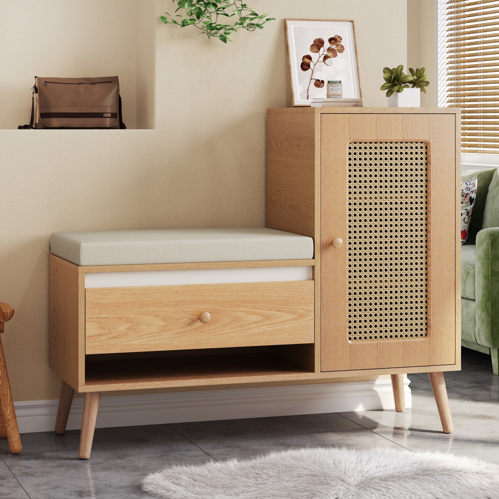 Banc d'entrée en rotin avec coussin, étagère à chaussures, tiroirs, compartiments ouverts et porte. Multifonctionnel pour l'entrée. - 5