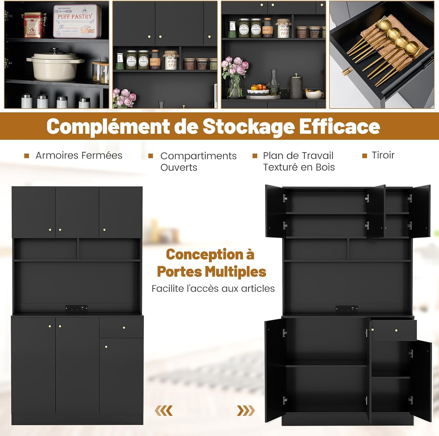 Buffet de Cuisine, Armoire Cuisine avec Prises, 4 Placards, Grand Tiroir, Station de Recharge, Vaisselier, 100x40x181CM (Noir) - 5