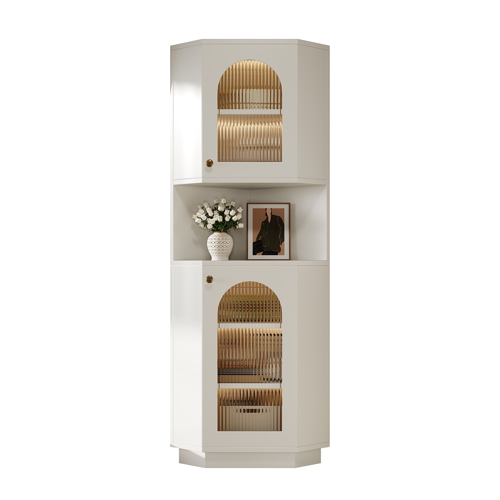 Narożna szafka łazienkowa z 2 drzwiami i 1 wnęką - 45 x 45 x 166,5 cm - Diody LED - Płyta MDF - Regulowane półki - Biała - 8