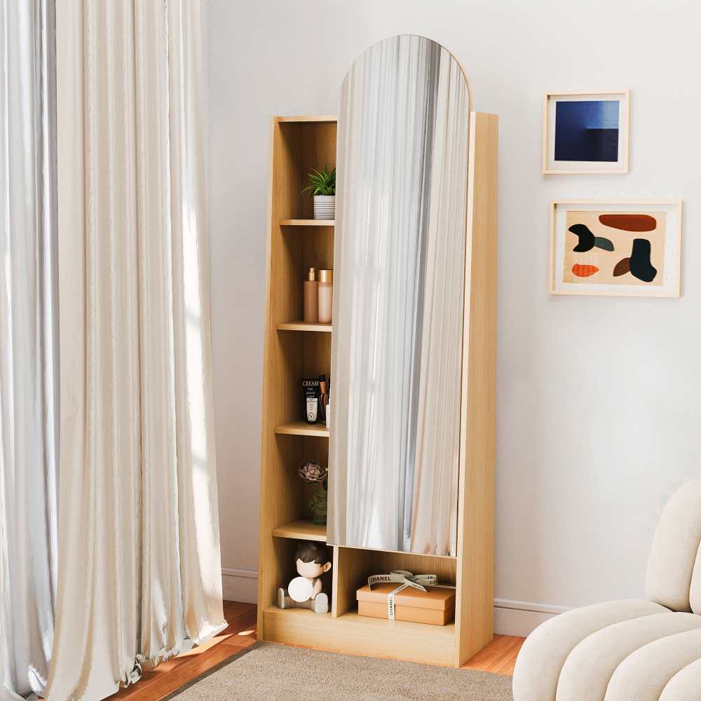 Armoire à chaussures avec miroir, colonne avec rangement et étagères réglables, bois naturel - 6