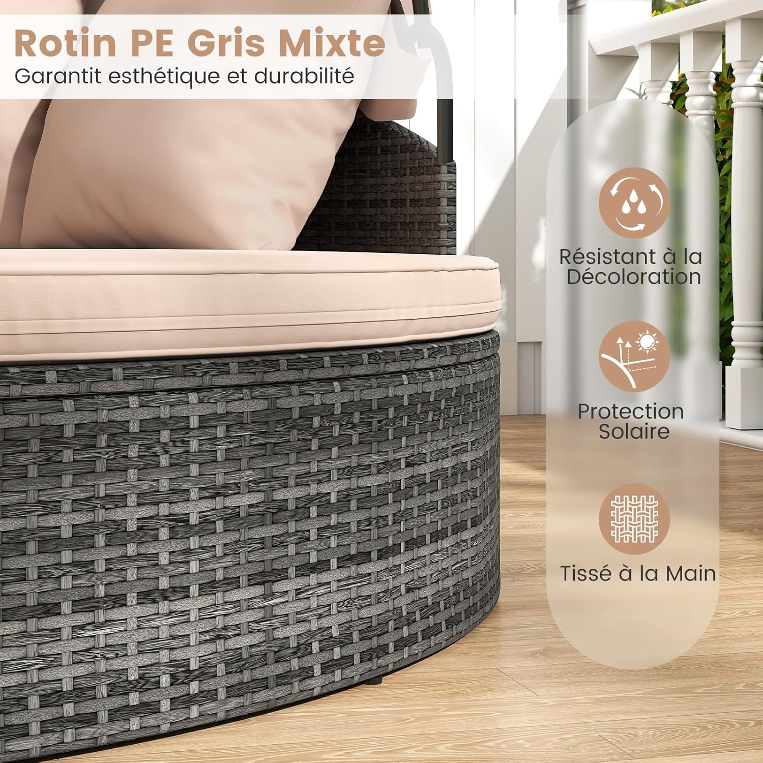 Lit Rond d'Extérieur avec Auvent Rétractable, Canapé d'Extérieur en Sections en Rotin PE avec Coussins, pour Jardin, Piscine, Beige - 5