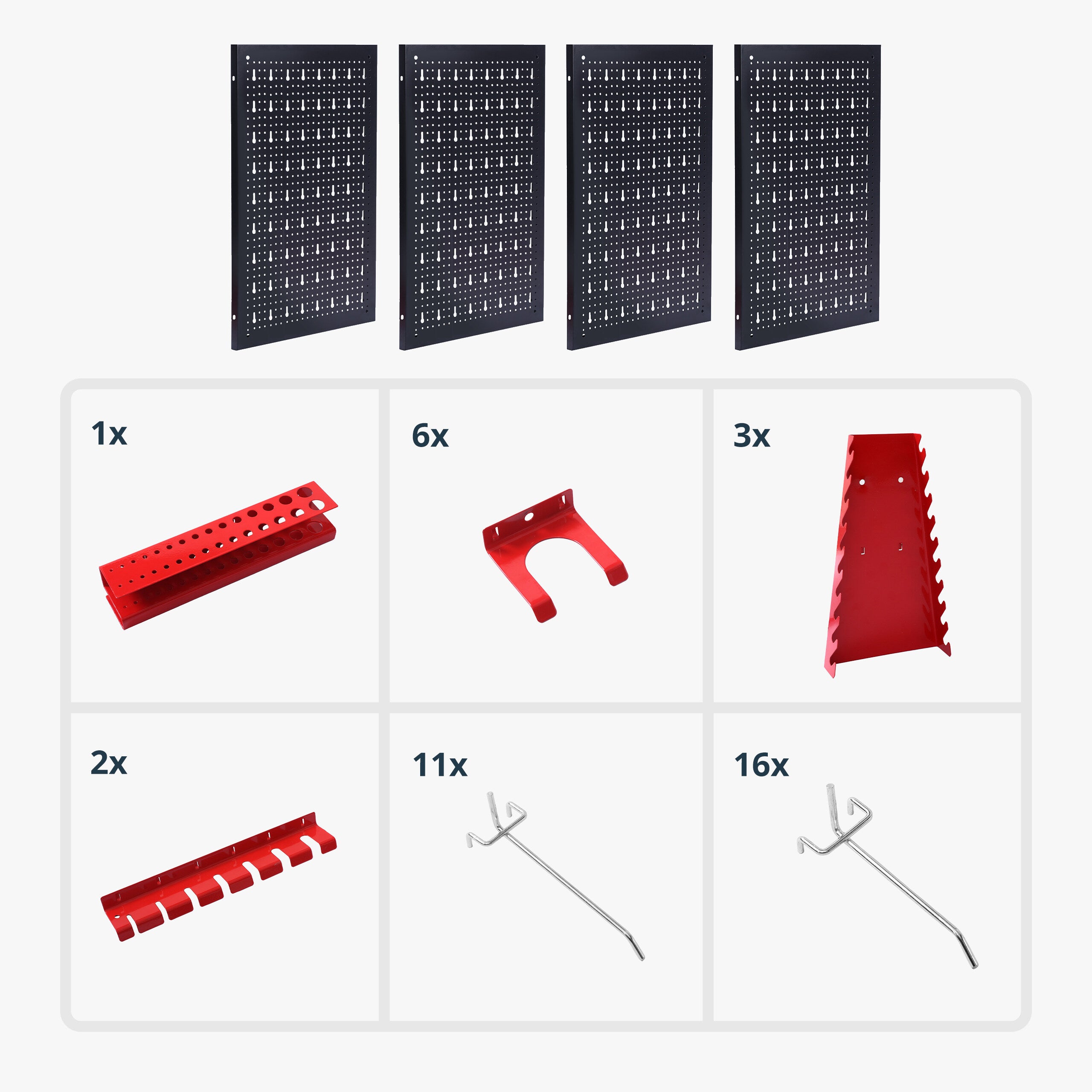 Panneau d'outils, lot de 4 panneaux perforés, 39 accessoires, HxL 60 x 40 cm, métal, pour atelier, noir/rouge, Relaxdays - 5