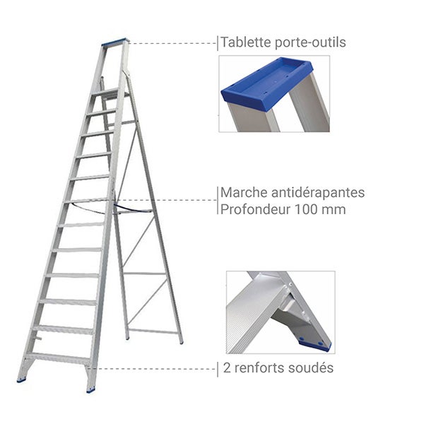 Escabeau alu 12 marches - Hauteur max. de travail 5.00m - PT12 - 3