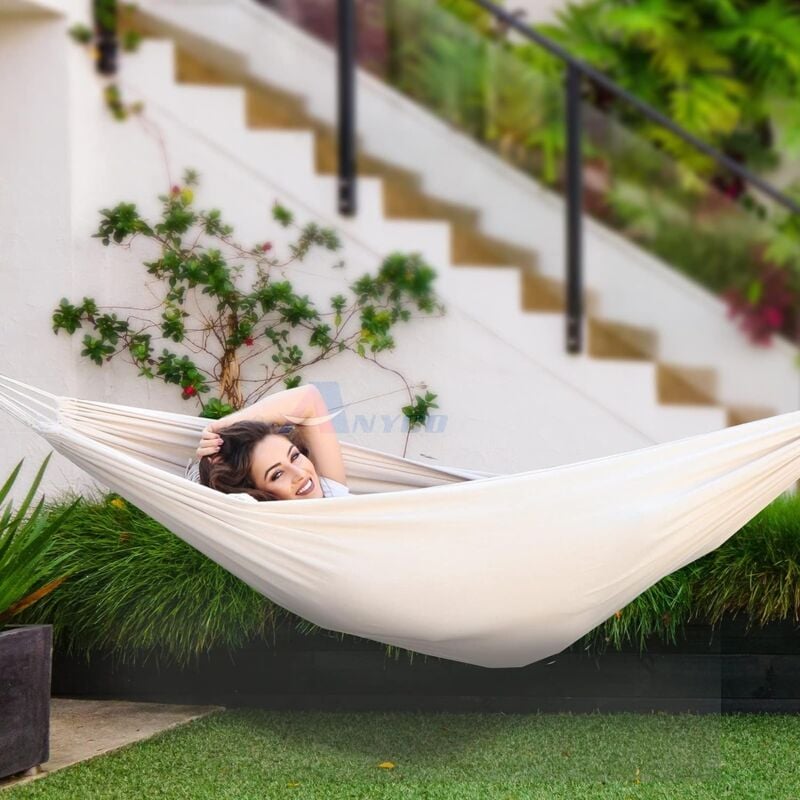 260 x 150 cm Hamac de Jardin Extérieur Hamac de Camping en Plein air Portable en Toile Léger avec Sangles respectueuses des Arbres, Sac de Transport - 4