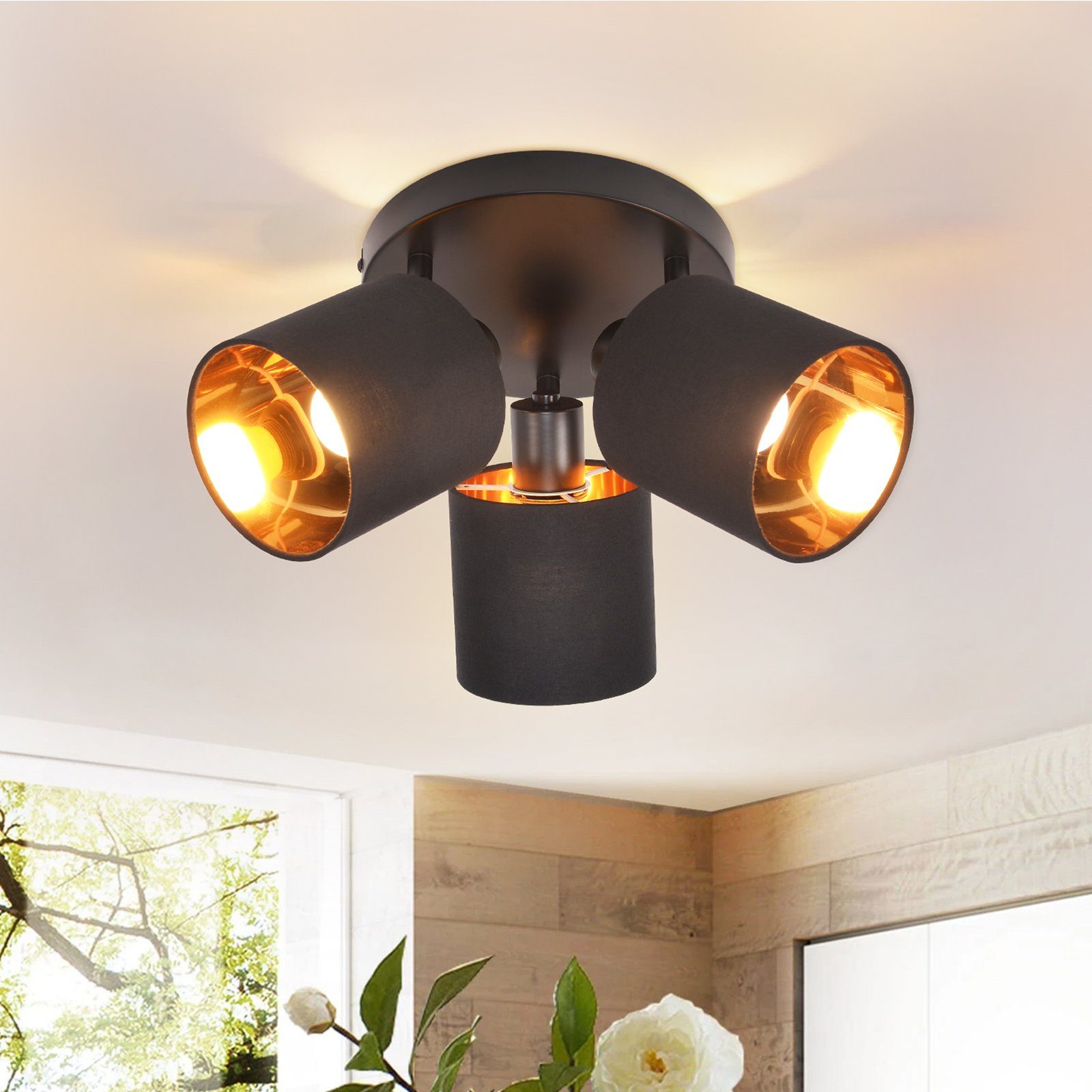 NETTLIFE 3 Reflektoroway sufitowe w kolorze czarnym, vintage E14, 350°, obrotowe, maks. 25W z kloszem materiałowym do salonu, sypialni (bez żarówki)