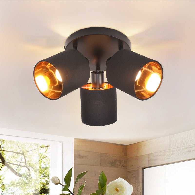NETTLIFE 3 Reflektoroway sufitowe w kolorze czarnym, vintage E14, 350°, obrotowe, maks. 25W z kloszem materiałowym do salonu, sypialni (bez żarówki)
