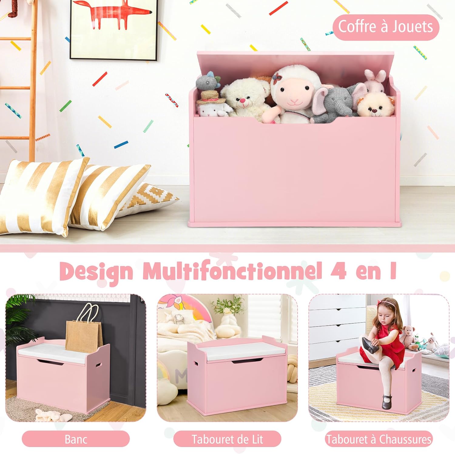 Coffre à jeu en Bois, 4 en 1 Coffre de Rangement avec Banc d'Assise, Couvercle Rabattable, Poignées Latérales, Banc de Rangement (Rose) - 2