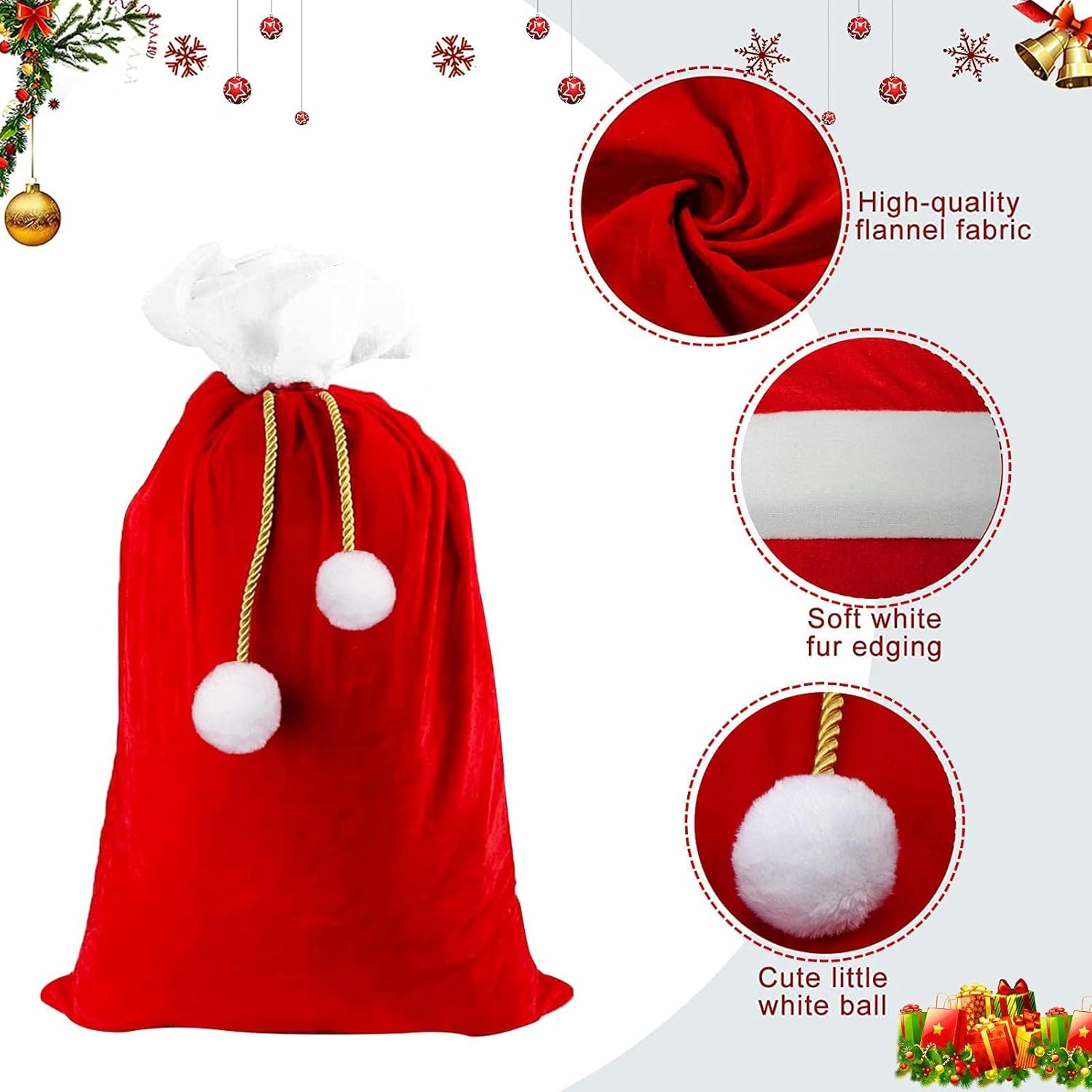 Saco de Papá Noel de terciopelo, 100 x 70 cm, bolsa de regalo premium para decoración navideña - 5
