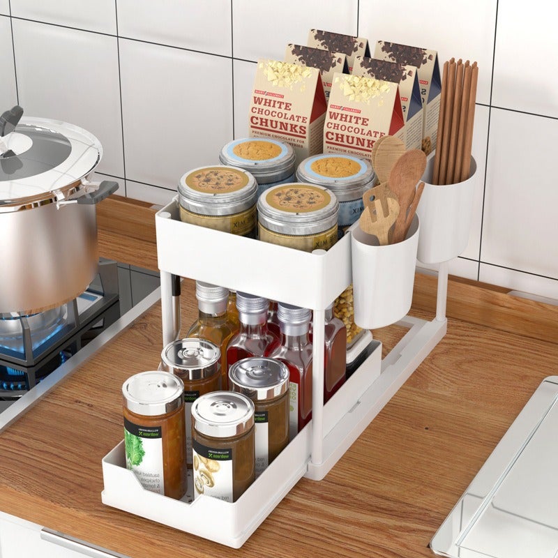 Organisateur Sous Évier Cuisine Avec Tiroir Coulissant Double Niveau - Rangement Réglable En Hauteur Métal