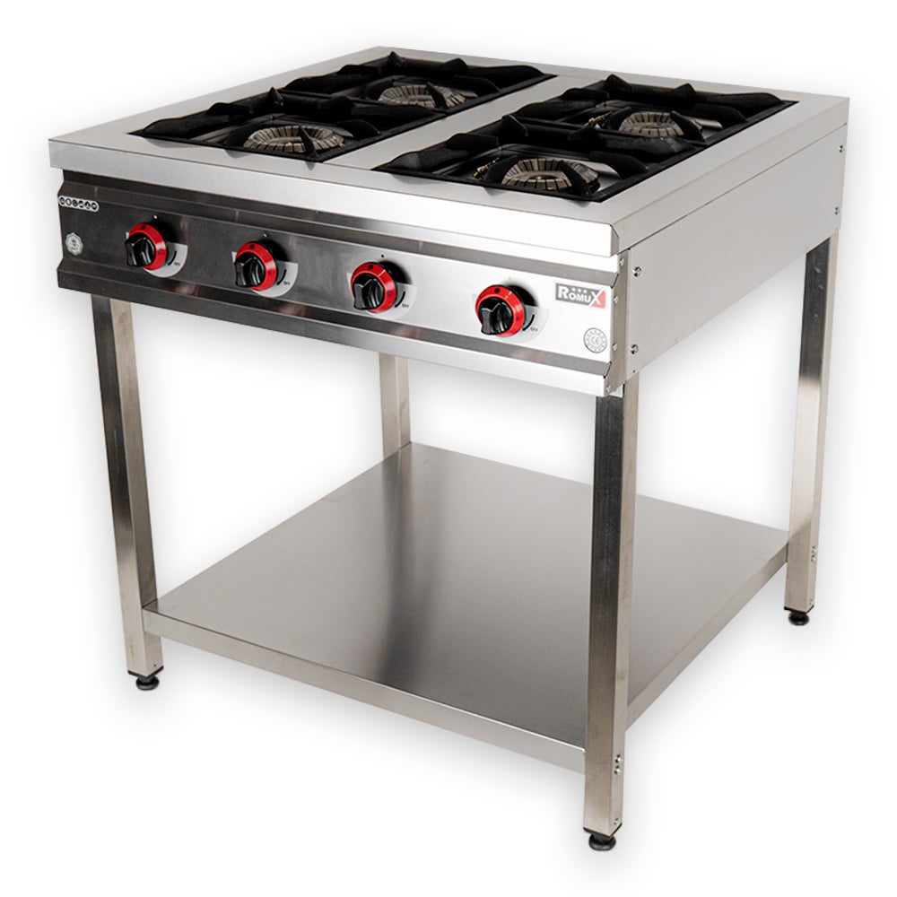 Romux® cocina industrial a gas 4 fuegos de 80x50 cm con mueble de acero inox con regulador de fuego y termopar | hornillo de gas butano