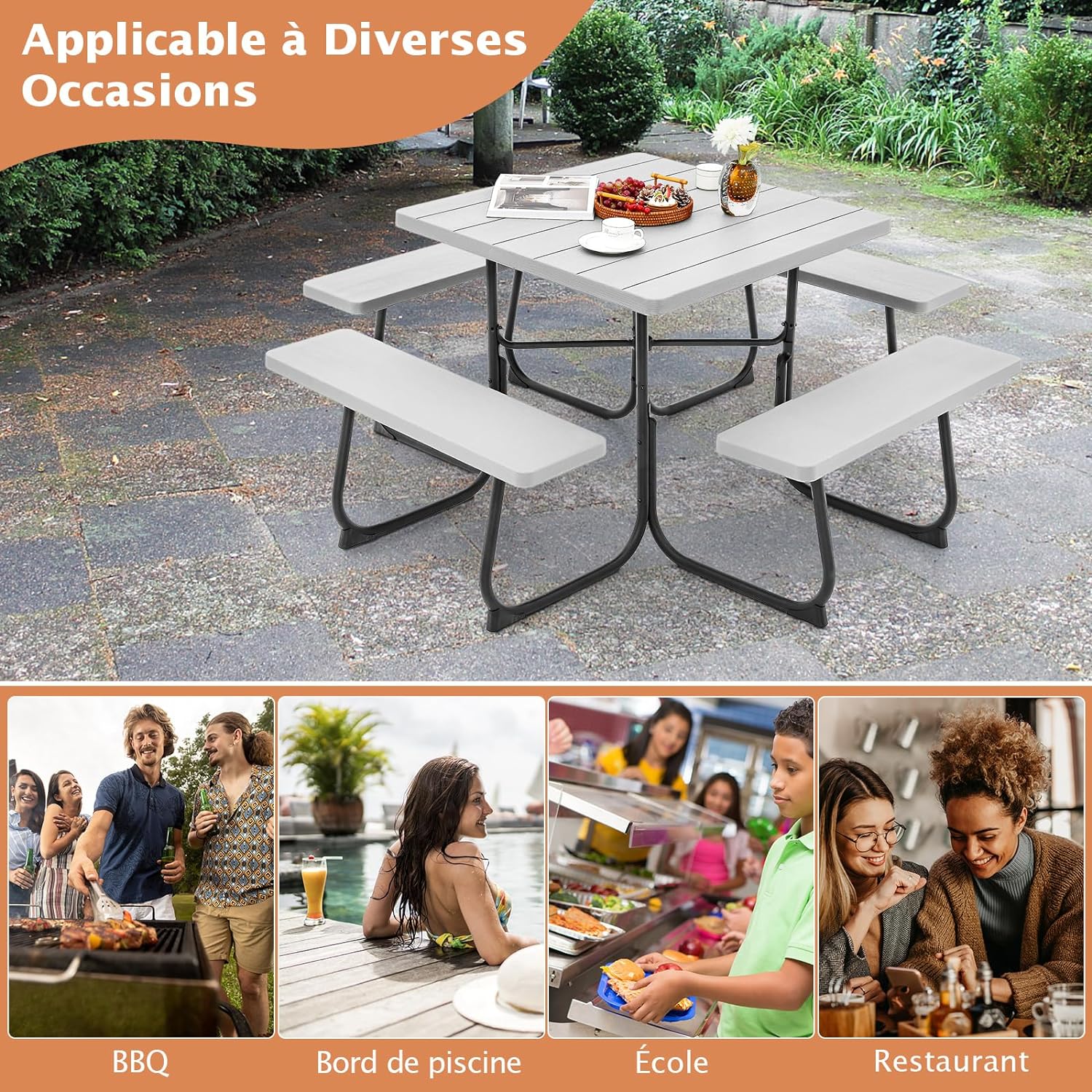 Set Tavolo da Picnic Quadrato con Panche per 8 Persone, Tavolo da Picnic con 4 Panche e Foro per Ombrellone, con Telaio in Metallo, Ogni Panca - 9