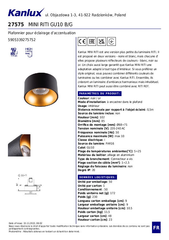 Plafonnier encastré GU10 – Aluminium noir/or – Ø85mm – Kanlux MINI RITI - 8
