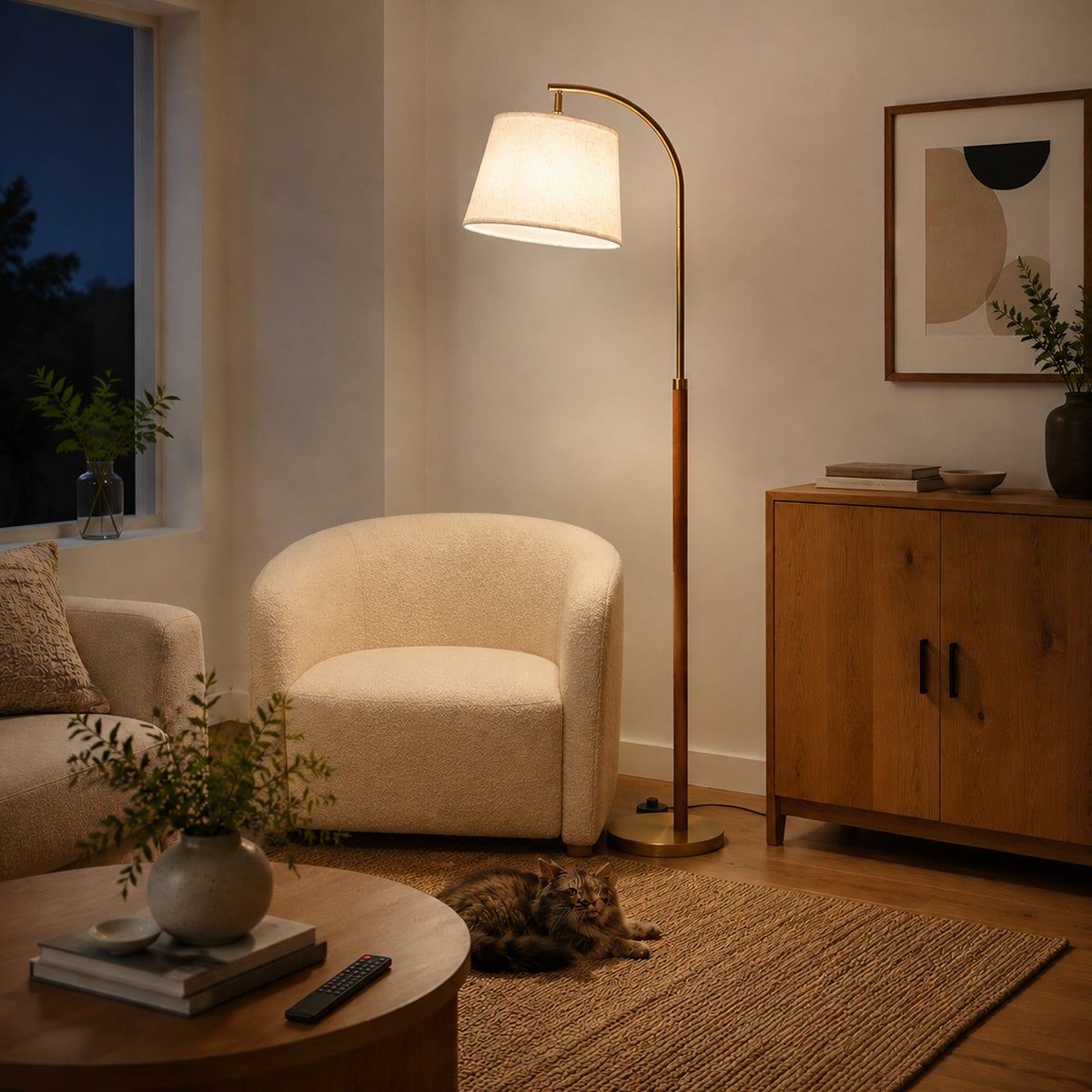 Lampadaire LED arc 170 cm en bois massif finition noyer, abat-jour en lin RGB+CCT dimmable, application et télécommande, ampoule LED 9 W incluse - 8