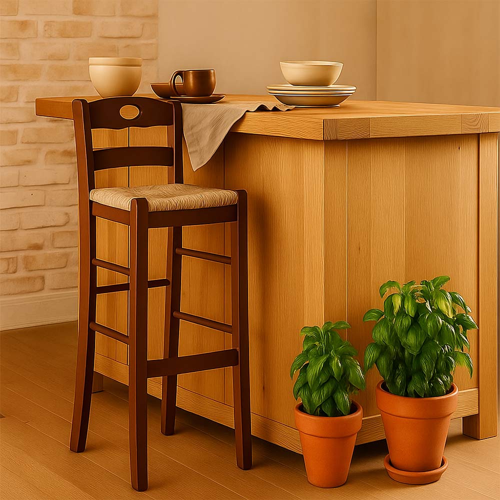 Sgabello da bar in legno noce scuro h 80 cm con manico e seduta in