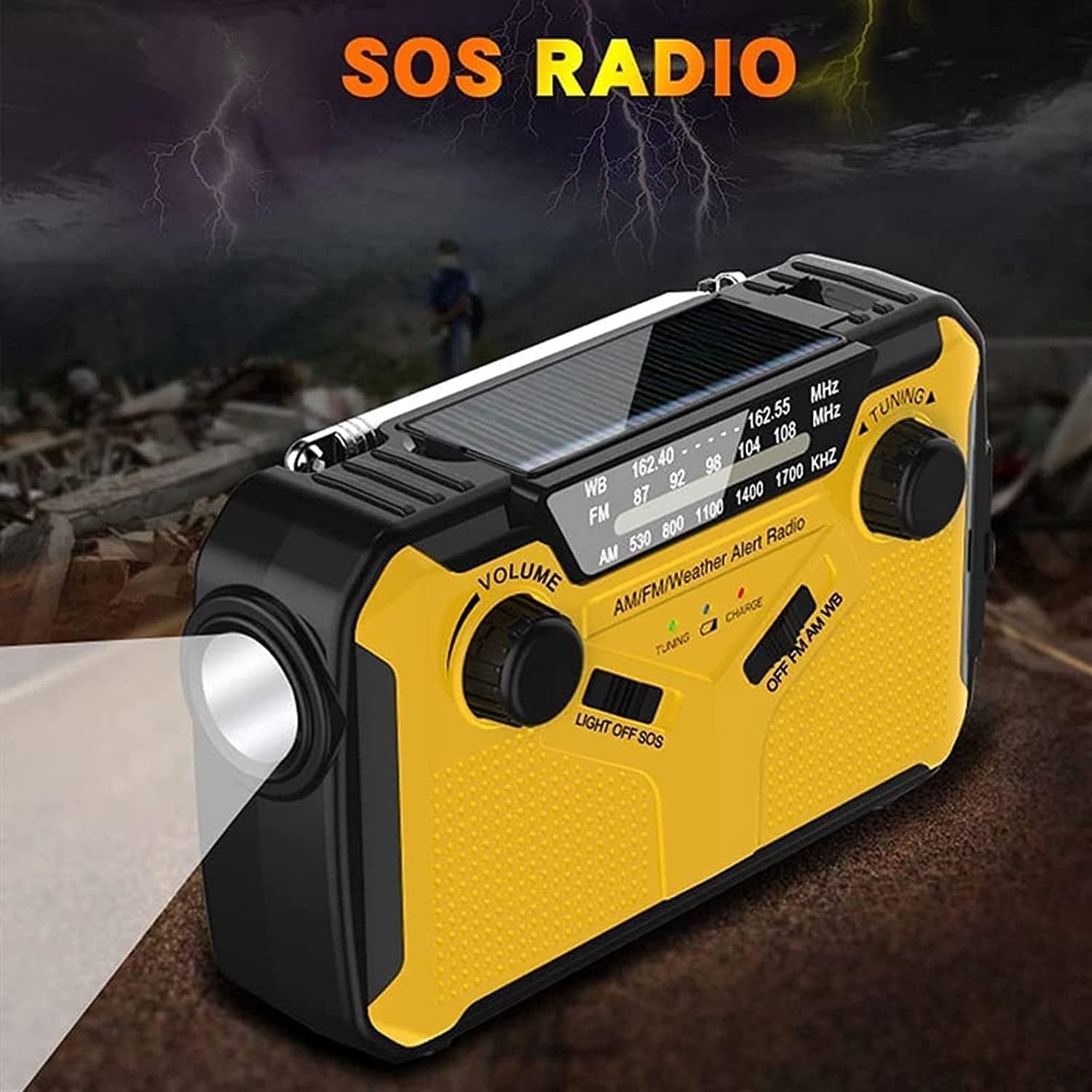 Rádio meteorológico de emergência, banco de energia móvel, rádio de manivela solar, rádio AM/FM portátil, amarelo - 5