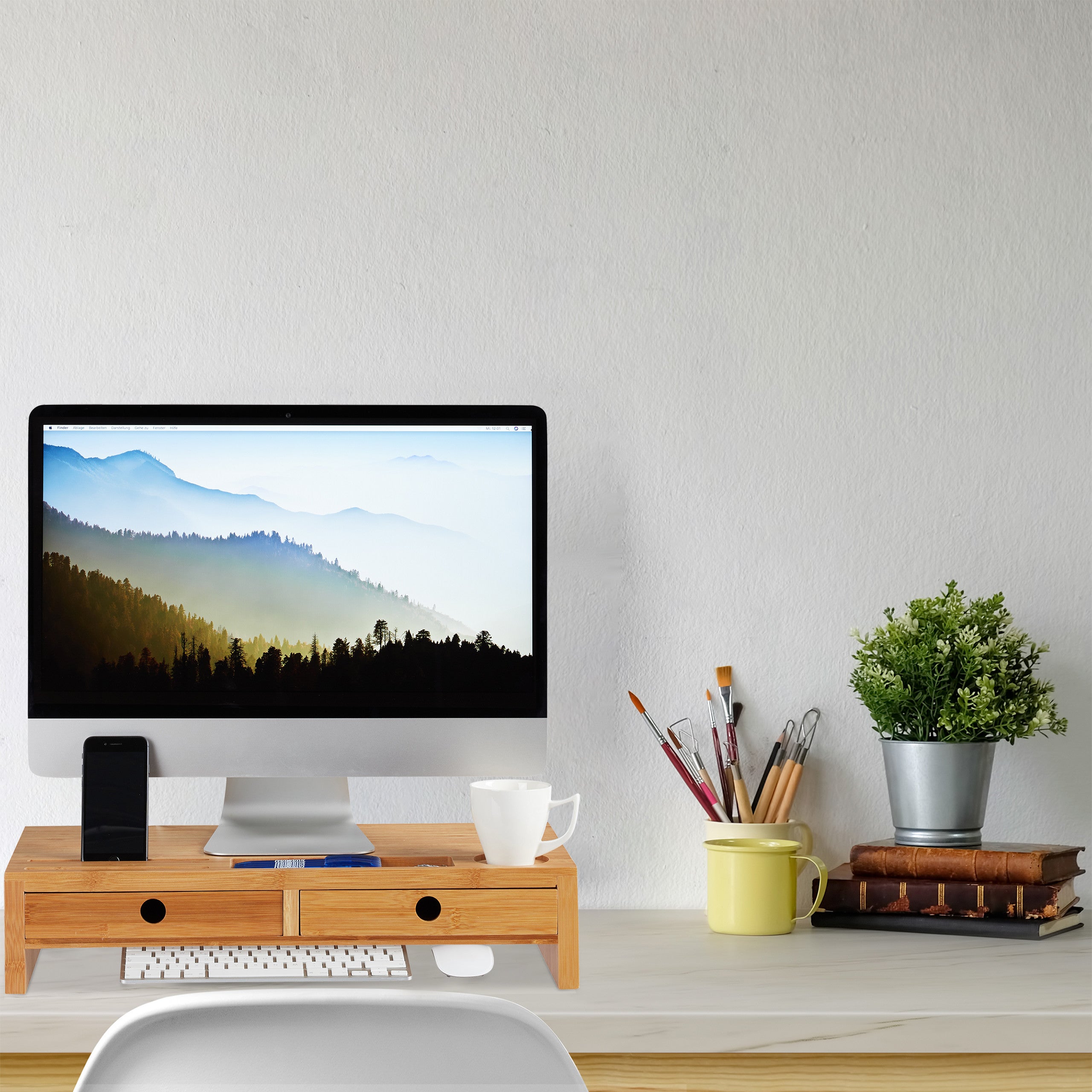 Supporto Rialzo Monitor In Bambù Relaxdays Con 4 Scomparti E 2 Cassetti - Organizer Per Scrivania, Ergonomico, 56x27x12 Cm