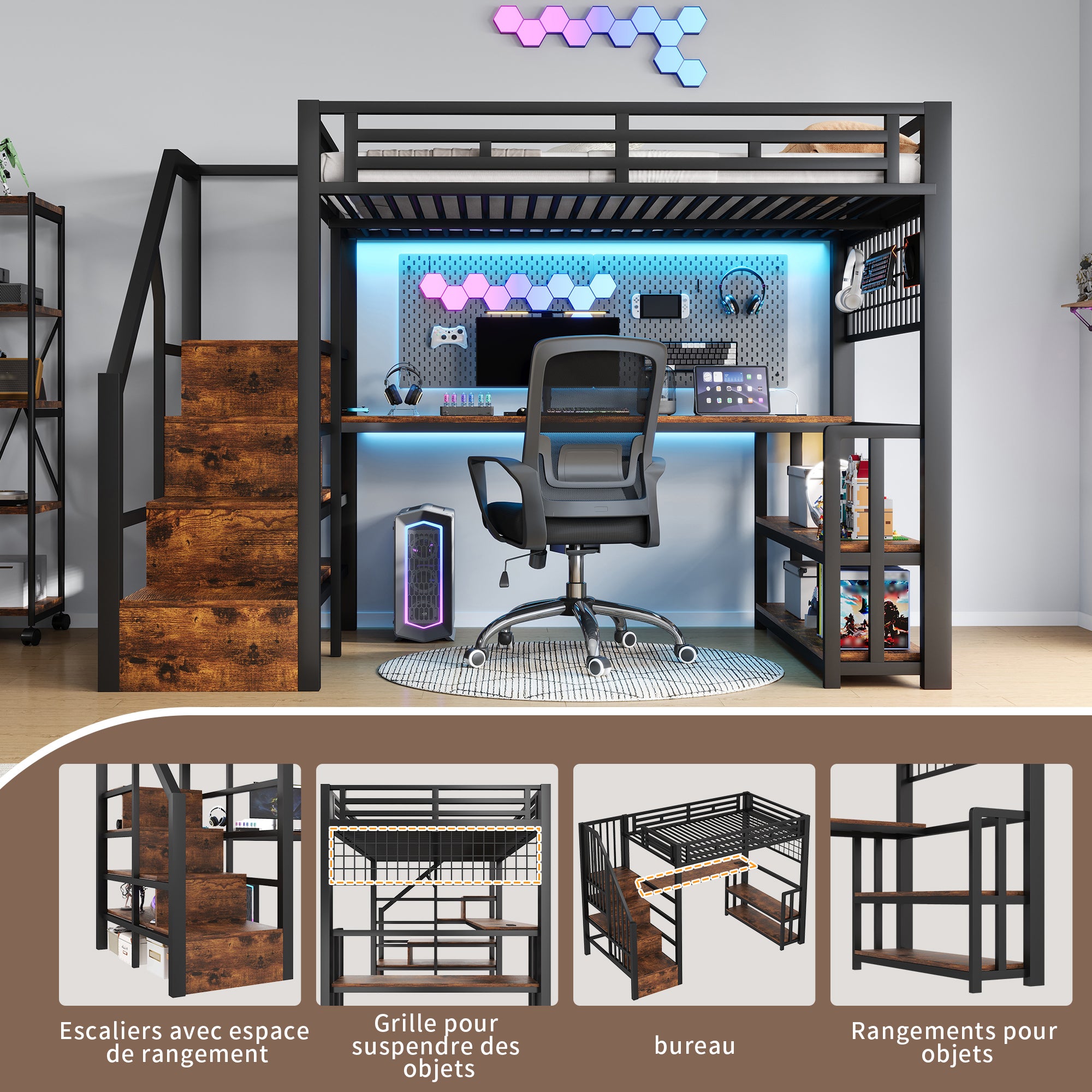 Lit mezzanine 140x200 cm avec bureau, étagères, rangements suspendus, éclairage LED, escalier tiroirs, 2 USB + Type-C, métal, noir - 5