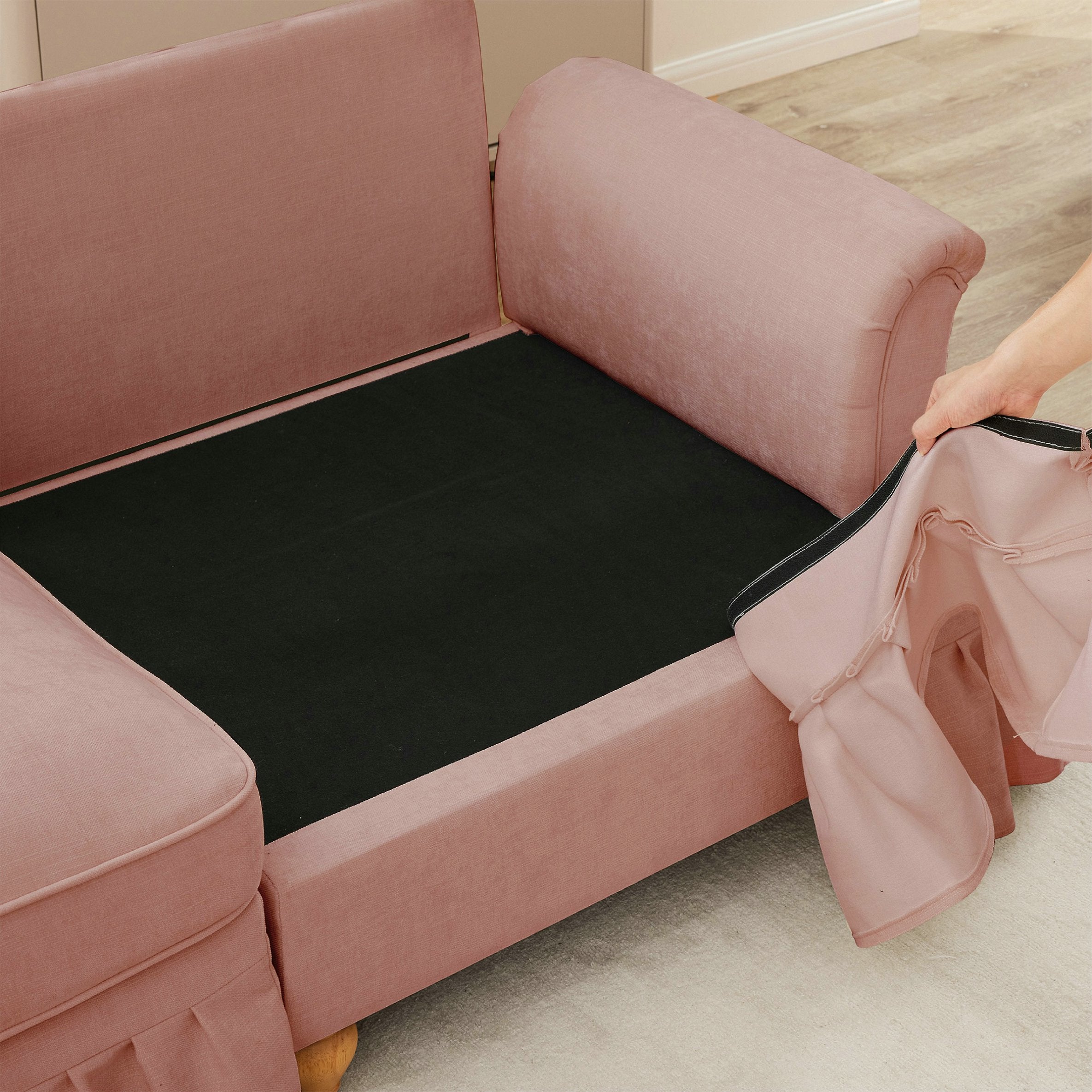 Élégant canapé d\'angle 2 places style Mid-Century - avec accoudoirs évasés - jupe à volants amovible - en chenille confortable rose - 7