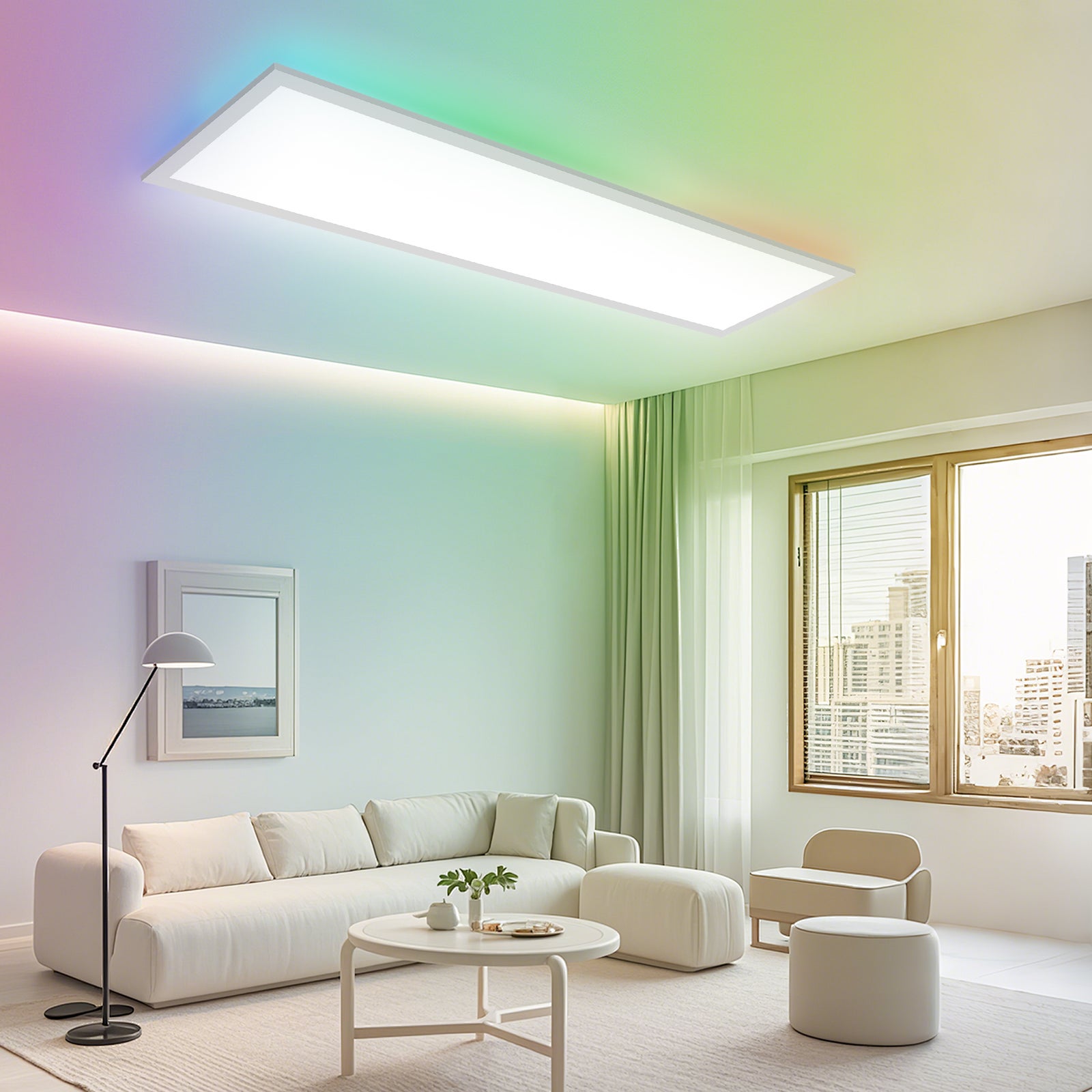 LOVHAUS Sufitowy Panel LED Ściemnialny 120x30cm z Podświetleniem RGB, 36W 3960LM, Panel LED z Pilotem, Pamięć, 3000K-6500K, Biały