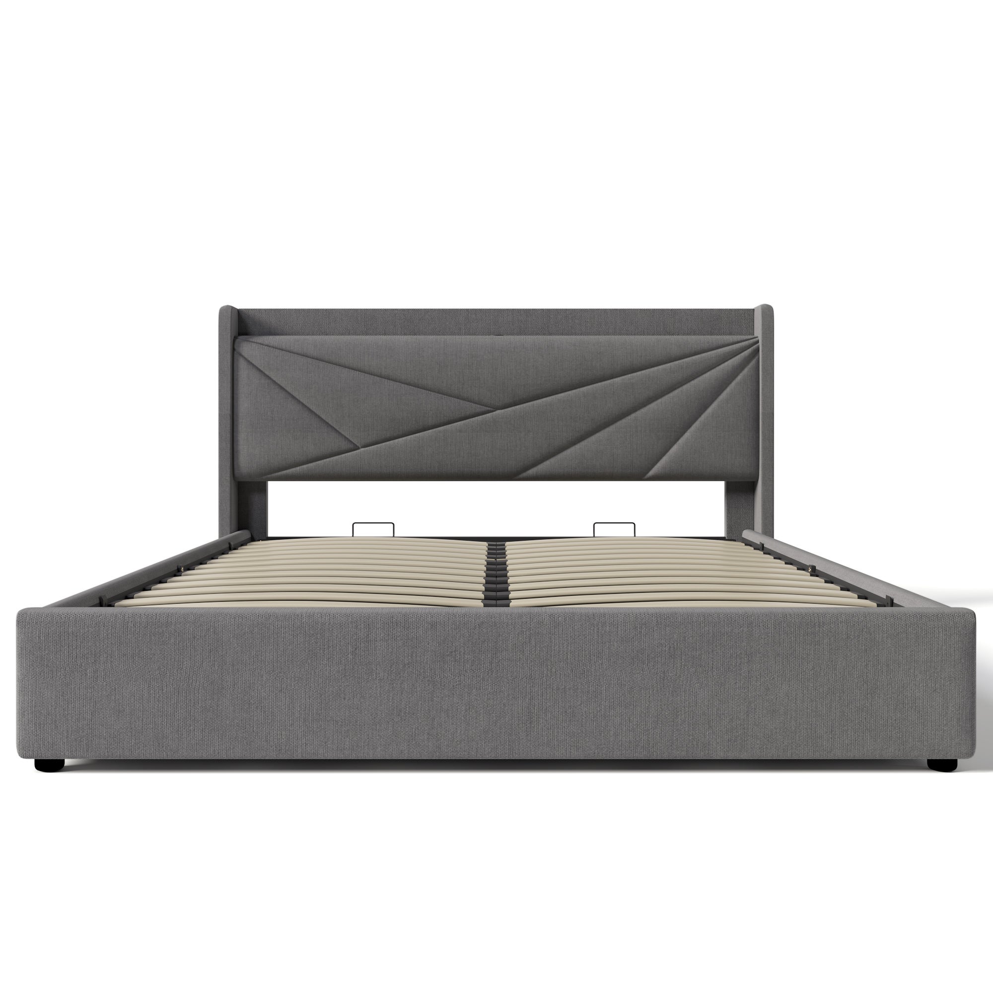 Lit Coffre Lit Adulte Double 160x200 cm - Charge USB - Rangement en Dessous - Sommier Inclus - Coton Lin Gris (Sans Matelas) - 5