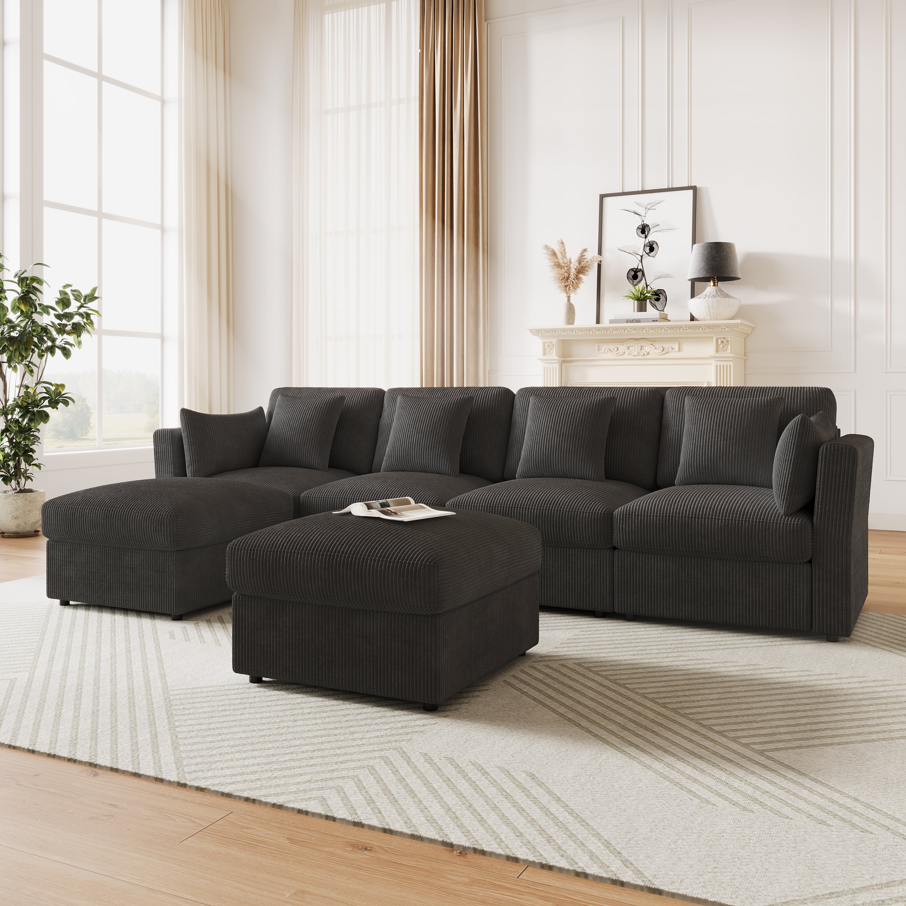 Narożnik 4-osobowy z regulowanymi podłokietnikami i 2 wyjmowanymi pufami - 290 x 159,5 x 89 cm - Tkanina sztruksowa - Szary - 6