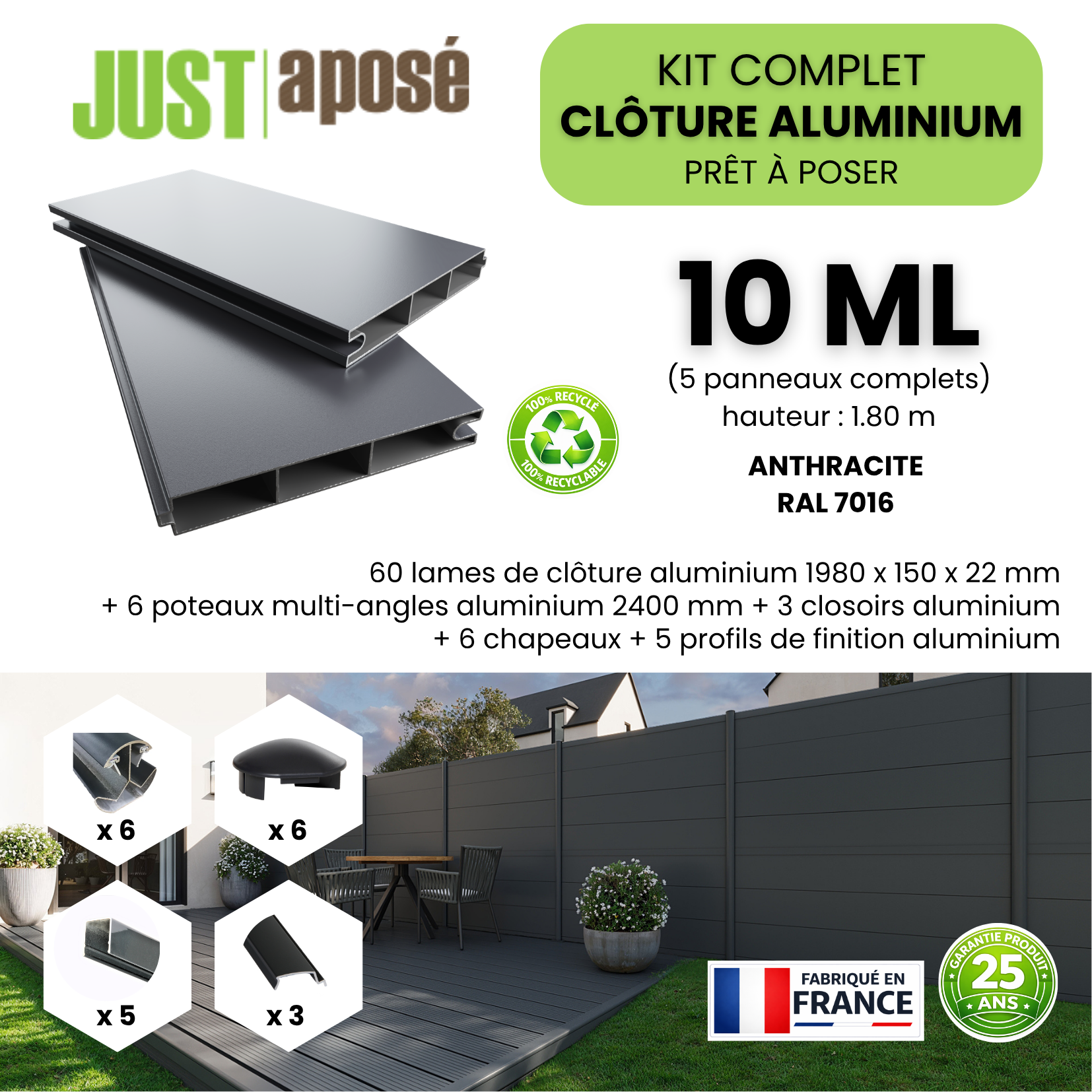 Kit complet clôture aluminium - 5 panneaux complets - 10 x 1,80 m - Prêt à poser - Anthracite - 3