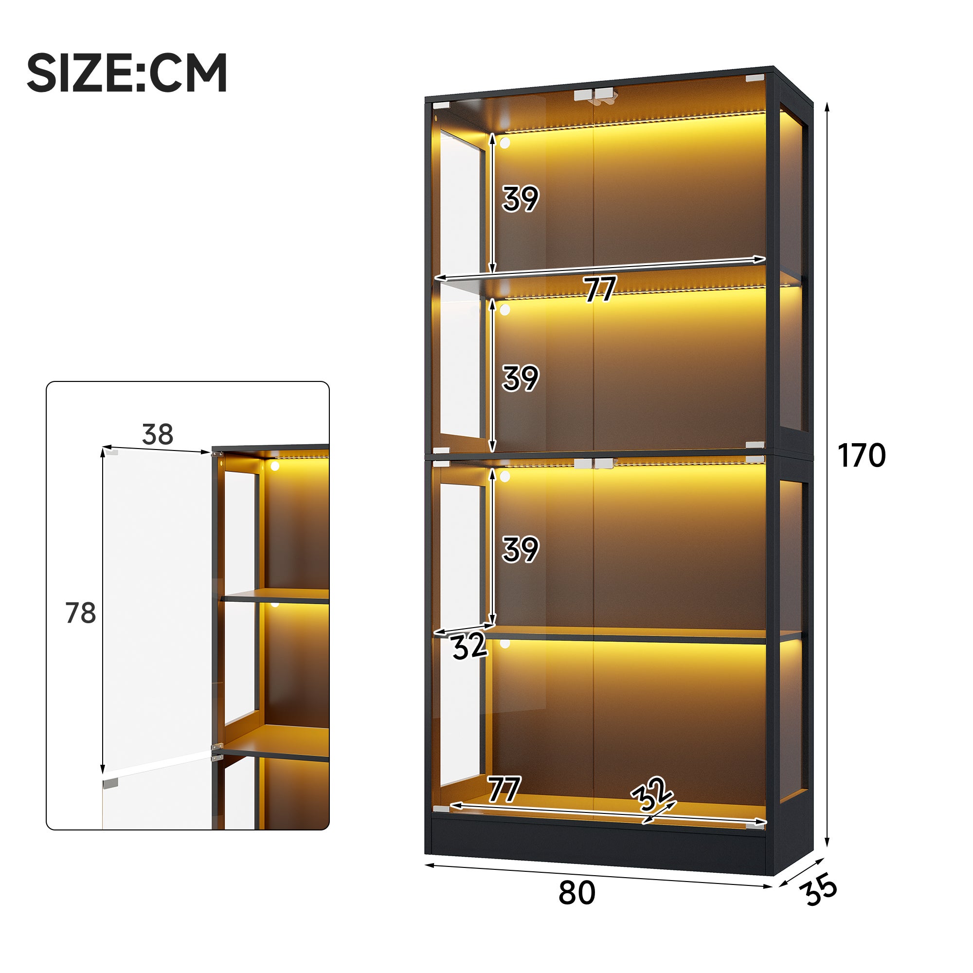 Witryna z 4 drzwiami - 80 x 35 x 170 cm - Płyta MDF i szkło - Uchwyty metalowe - Oświetlenie LED sterowane za pomocą aplikacji - Czarny - 6