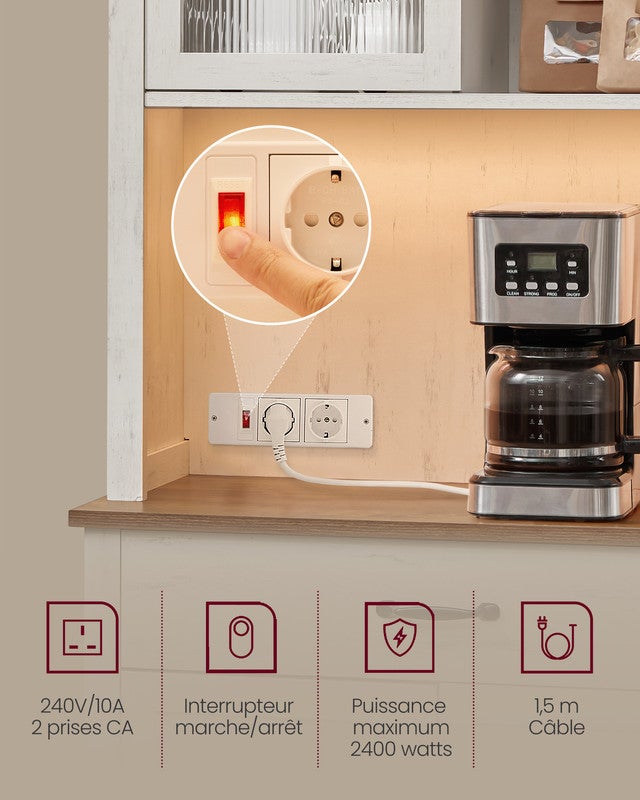 Meuble de Rangement avec Lumières et Chargeur, avec Portes et Tiroirs, Buffet, Meuble à café, Étagères Réglables, Style Campagne, Blanc Rustique - 5