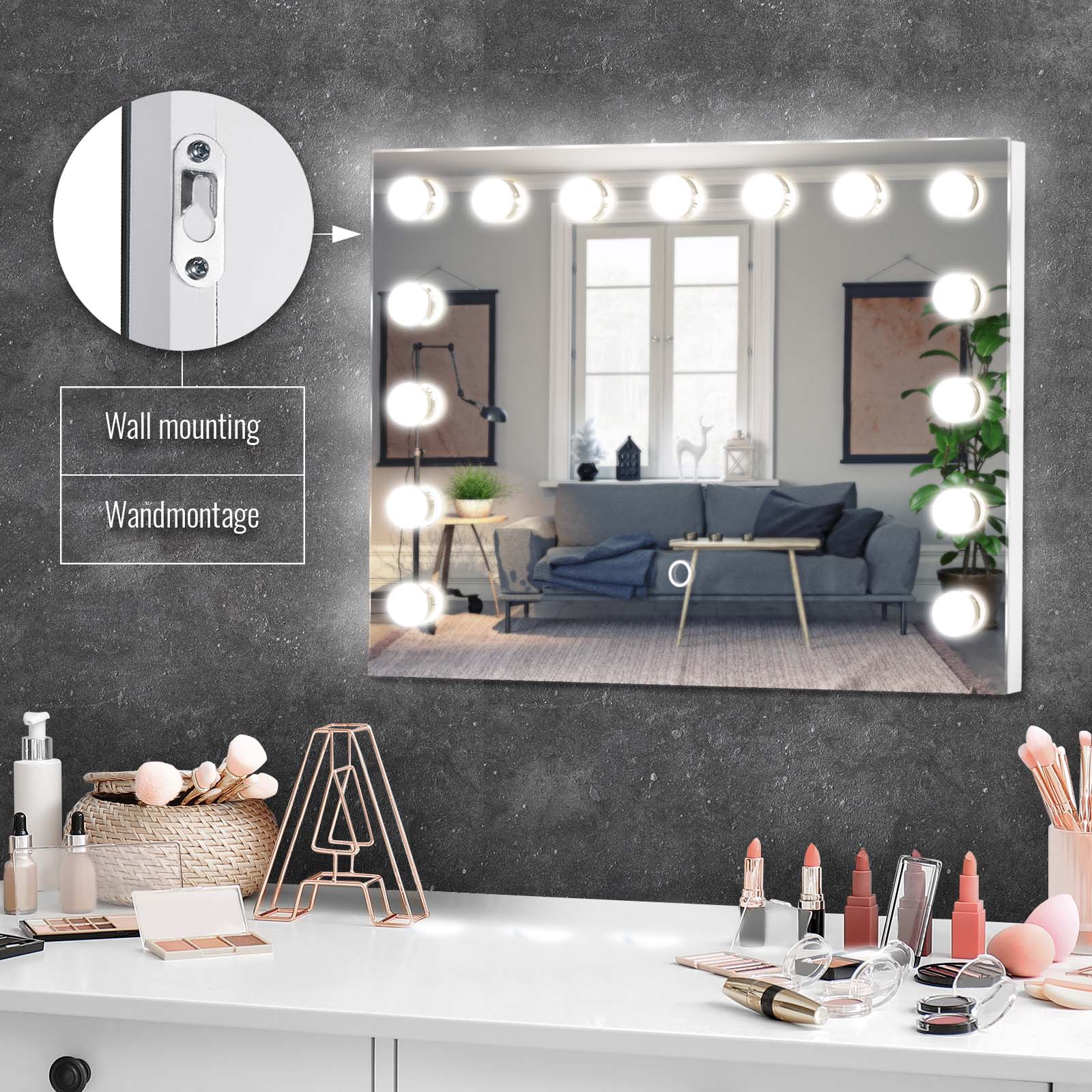 THEKLA Specchio Da Trucco Hollywood Con Luci LED Dimmerabili, 18 Lampadine, 61x81cm, 3 Temperature Di Colore, Con Ricarica USB E Specchietto Ingranditore - 3