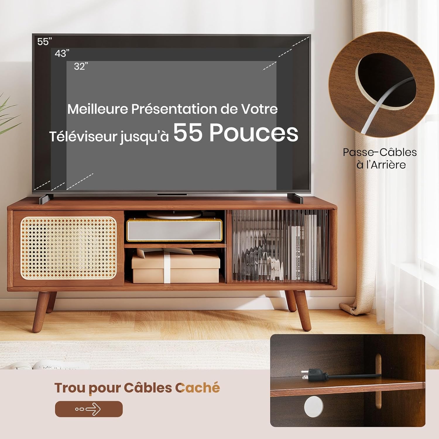 Meuble TV en Bambou avec 4 Compartiments pour TV 55