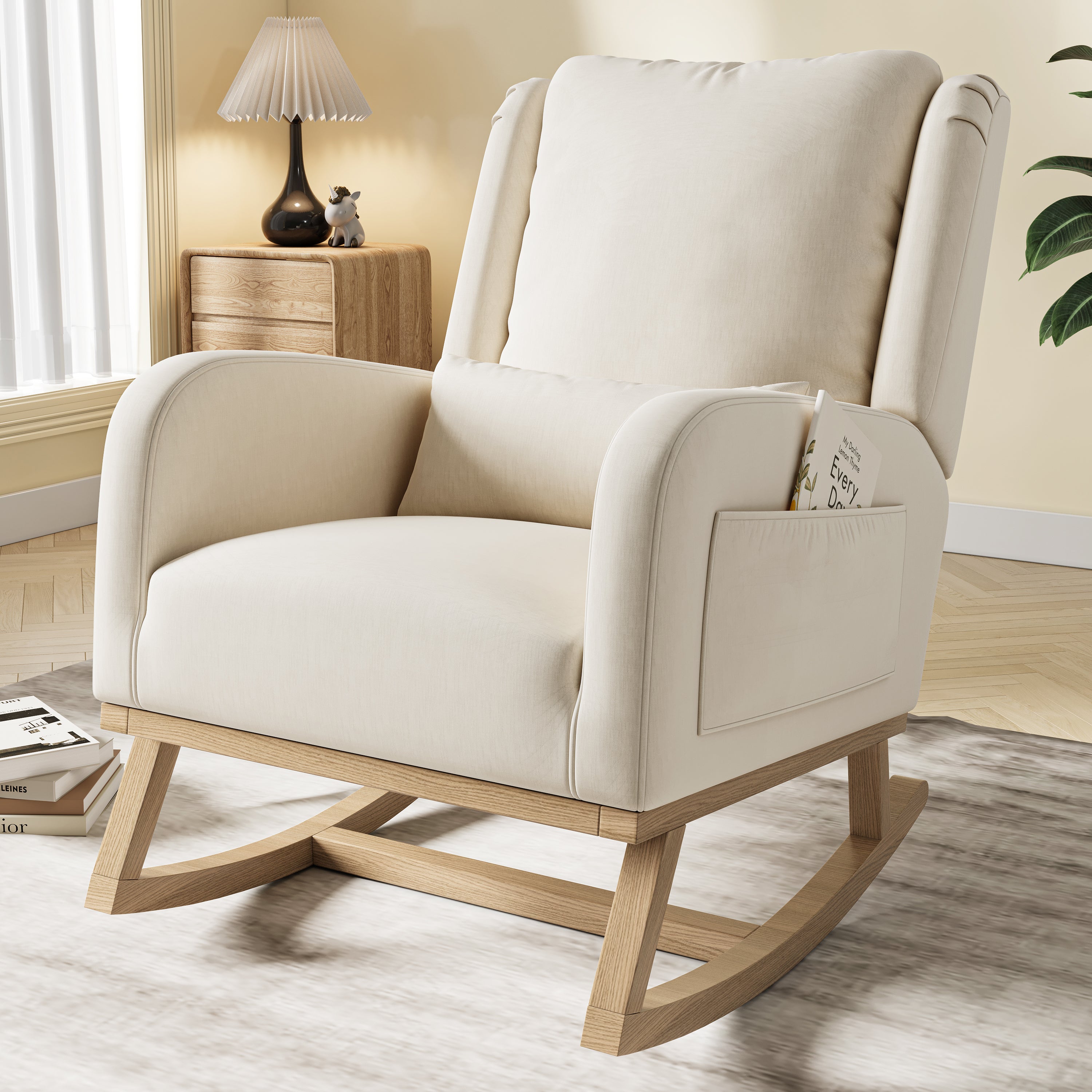 Rocking chair, avec poche latérale, dossier haut, coussin lombaire, accoudoirs, cadre en bois, fauteuil à bascule pour l'allaitement - Beige - 6