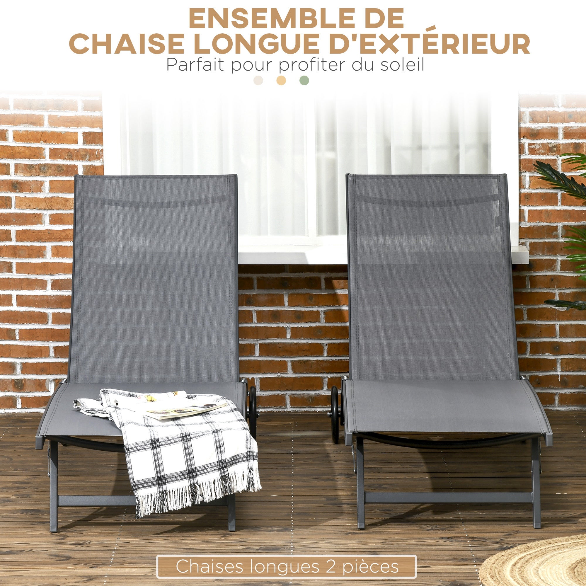 Lot de 2 bains de soleil transats inclinables alu. textilène - 4