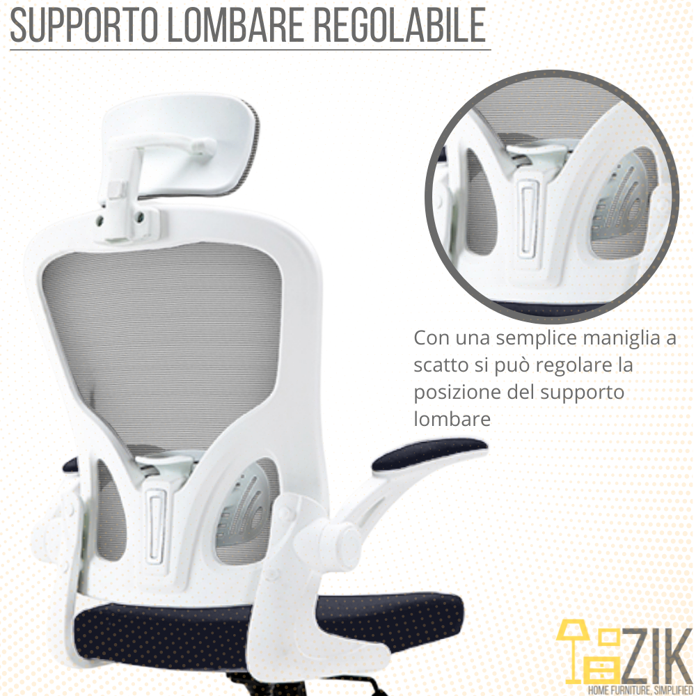 Chaise de Bureau Fauteuil Ergonomique Support Lombaire avec Accoudoirs et Appui-Tête Oscillant, Blanc et Gris - ZIK - 4