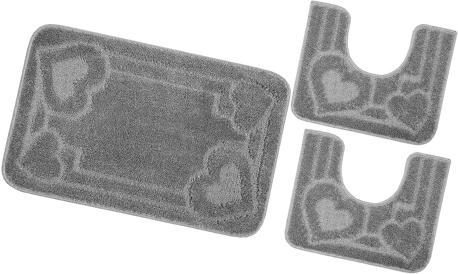 Juego de 3 alfombrillas de baño para inodoro lavabo moderna suave antideslizante absorbente color sólido corazón gris